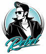 Rockabilly rebel in leather jacket with a fifties hairstyle and sunglasses, vector logo.