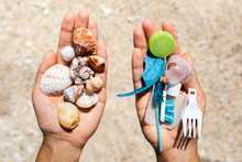 Concept Of Choice: Save Nature Or Continue To Use Disposable Plastic. One Hand Holding Beautiful Shells, In The Other - Plastic Waste. Beach Sand On Background. Environmental Pollution Problem.