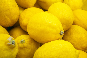 Wall Mural - Colorful Display Of Lemons In Market .lemon on the market counter top view