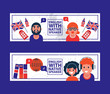 © creativeteam - English language learning with native speaker vector illustration. English language education online with cartoon character teachers, kids and british flags.