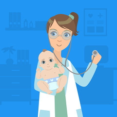 Canvas Print - Female Pediatrician Examining Newborn Baby in Clinic, Doctor Consulting Patient in Medical Office Vector Illustration