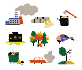 Poster - Ecological Problems Set, Environmental Pollution of Earth, Water, Air, Deforestation Vector Illustratio