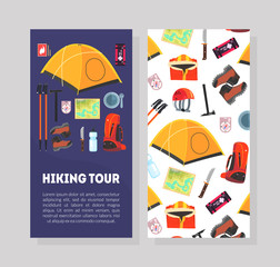 Sticker - Hiking Tour Card Template with Place for Text and Expedition Equipment Pattern, Hiking, Camping and Mountaineering Accessories Vector Illustration