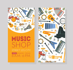 Wall Mural - Music Shop Business Card Template with Musical Instruments and Space For Text Vector Illustration