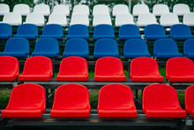 Blue Red White Seats On Stadium Close Up