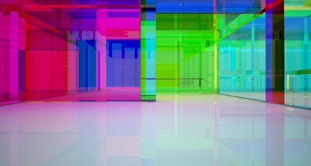 Wall Mural - Abstract architectural glass gradient color interior of a minimalist house with large windows.. 3D illustration and rendering.