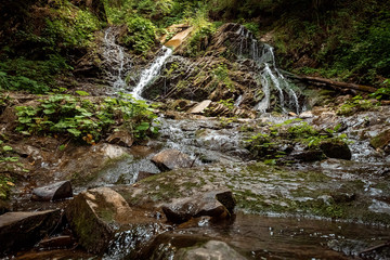 Wall Mural - Small green forest waterfall in the cave mountains, cascades on a mountain river. The concept of active holidays, holidays