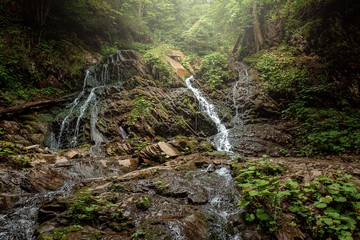 Wall Mural - Small green forest waterfall in the cave mountains, cascades on a mountain river. The concept of active holidays, holidays