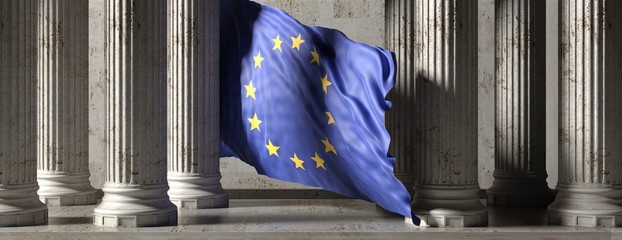 Poster - EU flag, classic columns historical building. 3d illustration