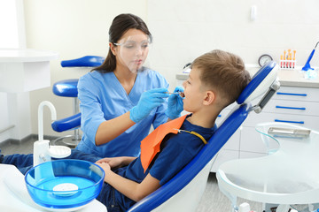 Wall Mural - Professional dentist working with little boy in clinic