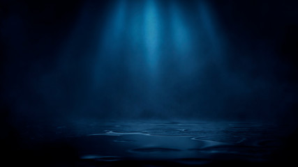 Wall Mural - wet asphalt, reflection of neon lights, a searchlight, smoke. abstract light in a dark empty street 