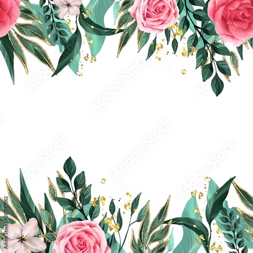 Frame with flowers and leaves. Seamless border with summer plants