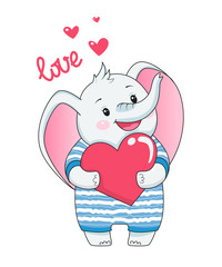 Wall Mural - Cute grey elephant with heart. Children illustration