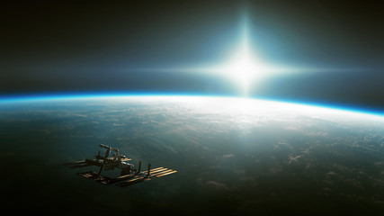 Wall Mural - spaceship is moving towards a mysterious glow. some elements of this image are furnished by nasa
