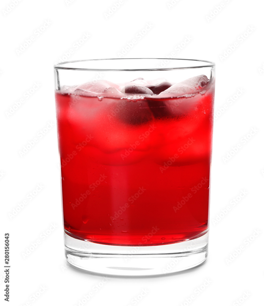 Glass of fresh cherry juice on white background