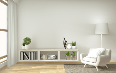 shelf tv in zen modern empty room, mock up minimal design, 3d rendering