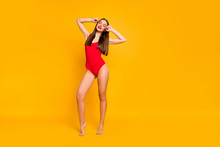 Full Size Photo Of Beautiful Stunning Lady Bright Red Lipstick Nice Eyes Closed Weekend Seaside Ocean Wear Red Swim Suit Isolated Yellow Background