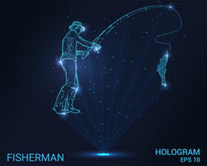 Wall Mural - Hologram fisherman. Fisherman throws a fishing rod. Flickering energy flux of particles. Scientific fishing design.