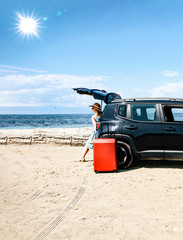 Poster - A woman in a black car on a sandy beach and blue ocean view.