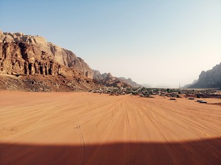 Amazing view from above on the huge, red, hot and very beautiful desert Wadi Rum. Kingdom of Jordan , Arab country in Western Asia