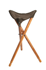 Folding wooden hunting stool tripod isolate on white background. Three-legged camping chair.