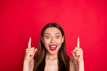 Wall Mural - closeup photo of pretty lady hands indicating empty space wear casual outfit isolated burgundy backg