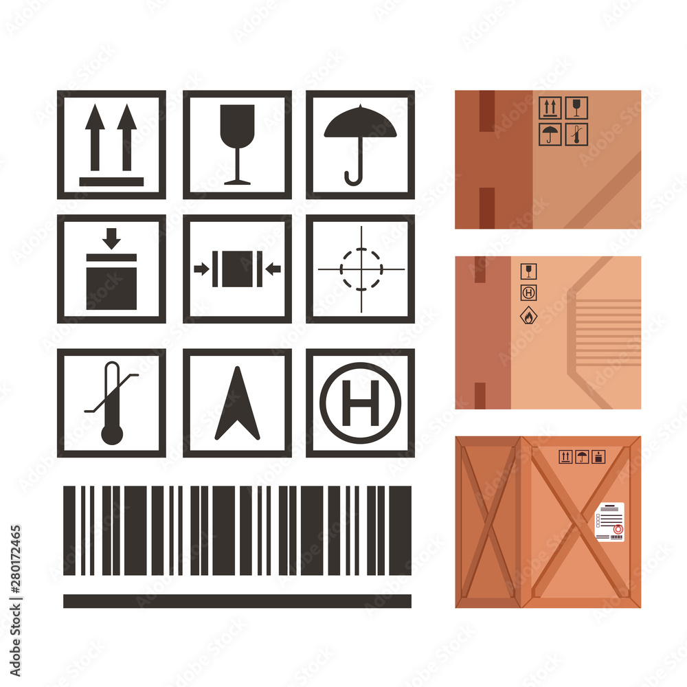 Industrial package marking vector set package handling icons symbols ...