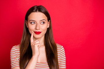 Sticker - Closeup photo of pretty lady look wondered empty space wear casual outfit isolated burgundy background