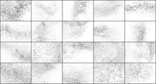 Set Of Black Grainy Texture Isolated On White Background. Dust Overlay Textured. Dark Rough Noise Particles. Digitally Generated Image. Vector Design Elements, Illustration, EPS 10.