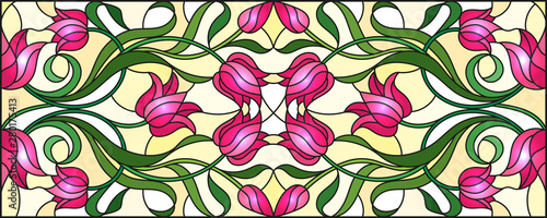 Dekoracja na wymiar  ilustracja-w-stylu-witrazu-z-abstrakcyjnymi-wirami-kwiatami-rozowych-tulipanow-i-lisci