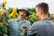 © cherryandbees - workers examining sunflower in sunflower filed