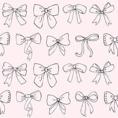 Bow seamless pattern on pink background. Hand drawn ribbons and bows vector background.