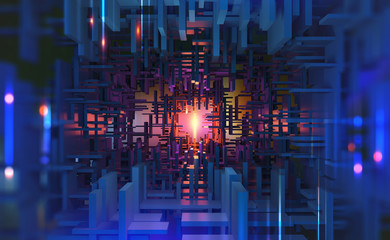 Aufkleber - Abstract purple, neon background. Digital technology. Concept of high tech internet network. 3D illustration of processor of future in orbital cyber tunnels