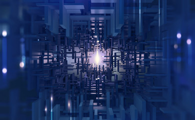 Aufkleber - Abstract purple, neon background. Digital technology. Concept of high tech internet network. 3D illustration of processor of future in orbital cyber tunnels