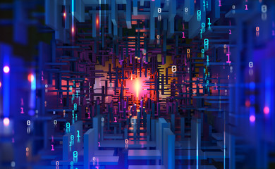 Fototapete - Abstract purple, neon background. Digital technology. Concept of high tech internet network. 3D illustration of processor of future in orbital cyber tunnels