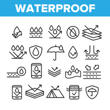 Waterproof, Water Resistant Materials Vector Linear Icons Set. Waterproof, Surface Protection Outline Cliparts. Hydrophobic Fabric Pictograms Collection. Anti Wetting Material Thin Line Illustration