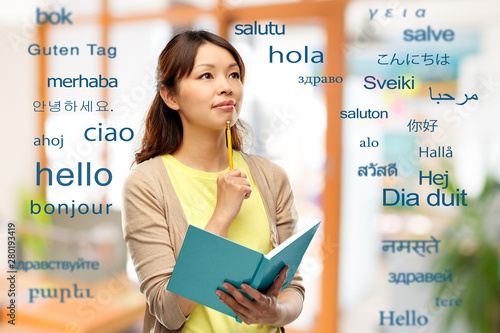 Fotomural education, school and translation concept - asian student or creative woman with