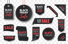 Black Friday Sale Ribbon Banners Collection Isolated. Vector Price Tags Isolated On Black Background.