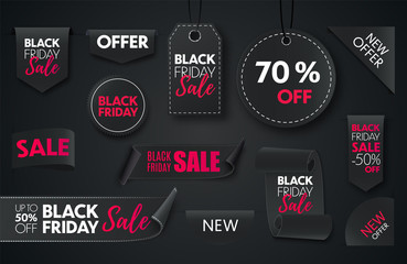 Wall Mural - Black friday sale ribbon banners collection isolated. Vector price tags isolated on black background.