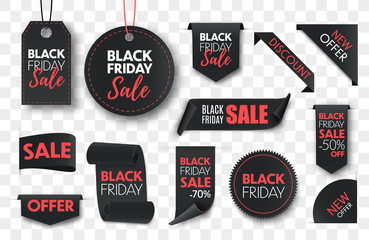 black friday sale ribbon banners collection isolated. vector price tags isolated on black background