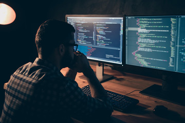 close up side profile photo handsome he him his guy ponder pensive hands arms chin coder code develo