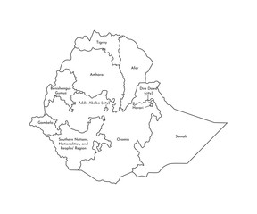 Wall Mural - Vector isolated illustration of simplified administrative map of Ethiopia. Borders and names of the regions. Black line silhouettes