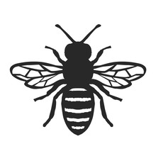 Honey Bee Icon. Black Bee On White Background. Vector Silhouette.