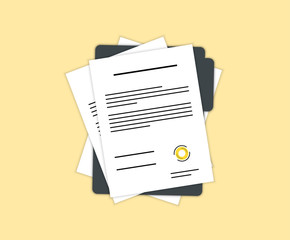Poster - Contract or document signing icon. Document, folder with stamp and text. Contract conditions, research approval validation document. Contract papers. Document. Folder with stamp and text.