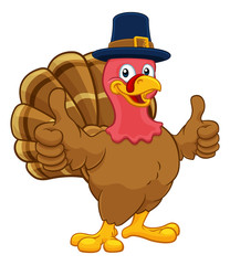 Wall Mural - Pilgrim Turkey Thanksgiving bird animal cartoon character wearing a pilgrims hat and giving a thumbs up