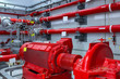 Industrial fire pump station. Reliable and trouble-free equipment. Automatic fire extinguishing system control system. Powerful electric water pump, valves, and pipelines for water sprinkler.