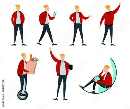Fotografía Flat colorful vector set of young man character poses and movements
