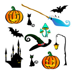 Isolates for Halloween. Blue broom witches, two black cats, a lantern on a crooked stick, a bat, two pumpkins, a green witch hat, a castle, glowing mushrooms.