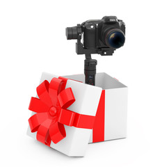 Poster - DSLR or Video Camera Gimbal Stabilization Tripod System Come Out of the Gift Box with Red Ribbon. 3d Rendering