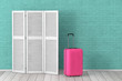 © doomu - White Folding Wooden Dress Screen with Pink Suitcase in front of Brick Wall. 3d Rendering